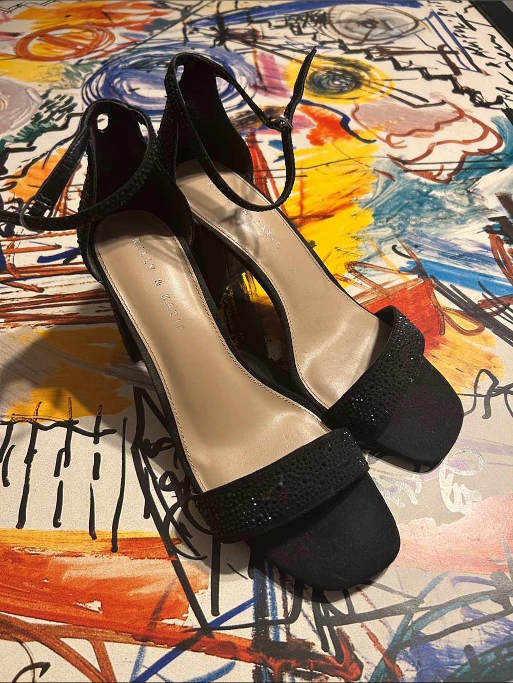 Kelly & Katie Black Suede Ankle Strap Heels with Neutral Insole